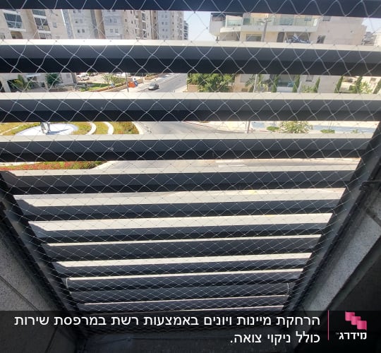 רשת מתכת מותקנת על חלון למניעת כניסת יונים